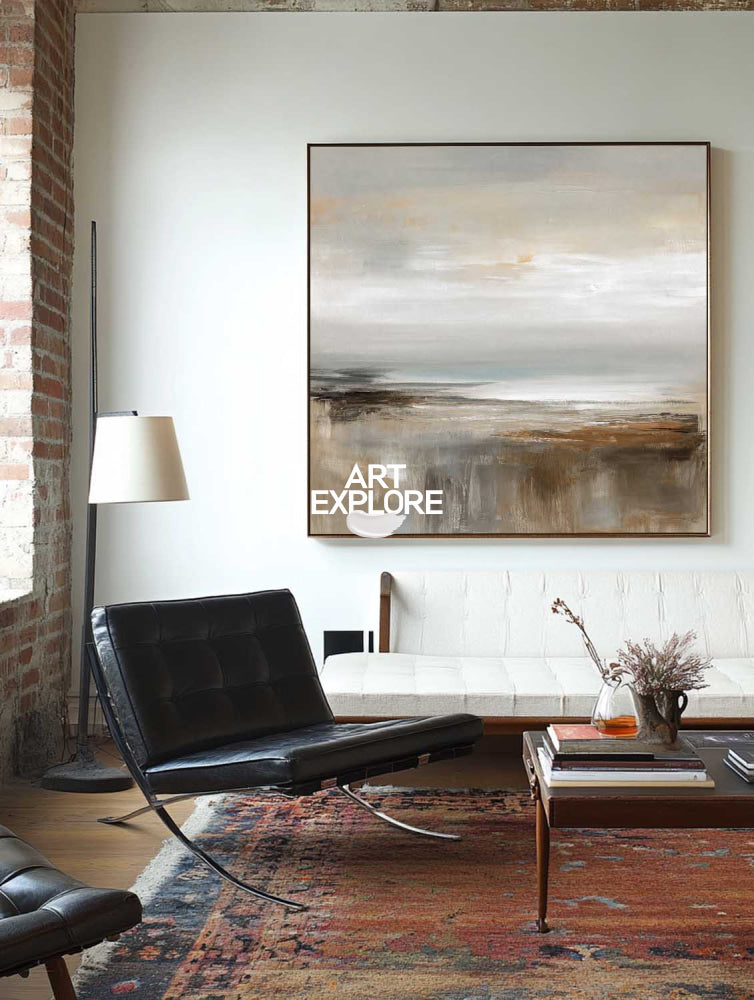 Abstract Textured Square Painting With Neutral Horizon For Modern Living Room Decor
