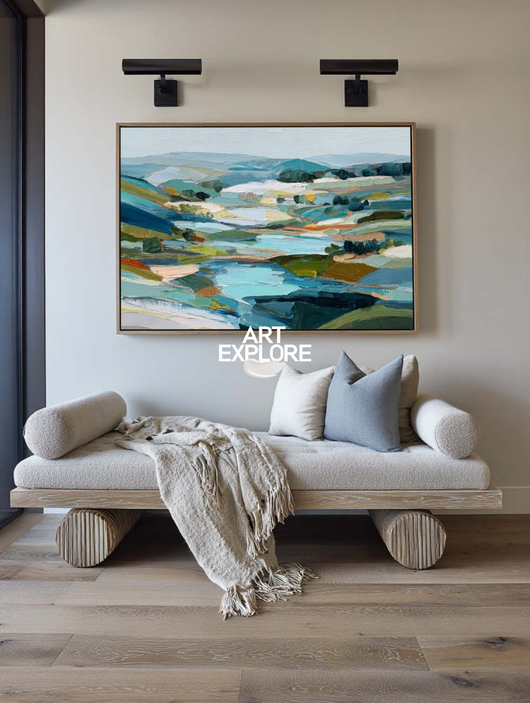 Large Horizontal Mountain Art Print With Textured Brushstrokes For Office Decor