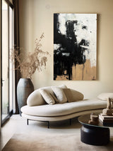 Modern Black Beige Abstract Painting Vintage Canvas Wall Art Black Beige Minimalist Abstract Art