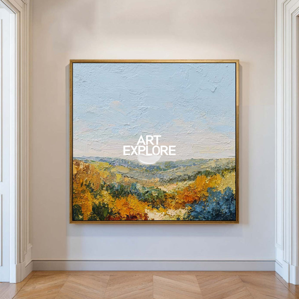 Square Original Oil Painting Of Autumn Hills With Rich Texture And Earth Tones