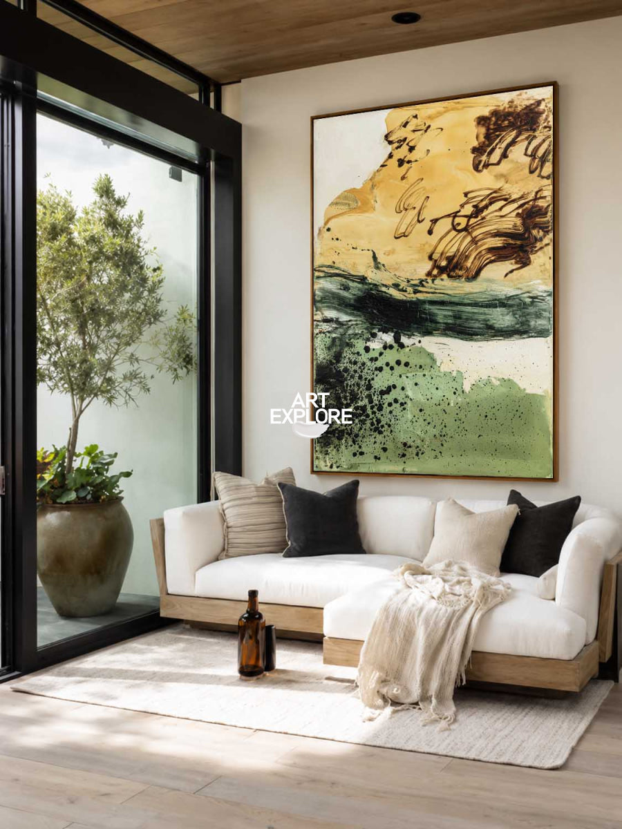 Modern Abstract Green And Gold Painting Vertical Canvas Wall Art For Living Room