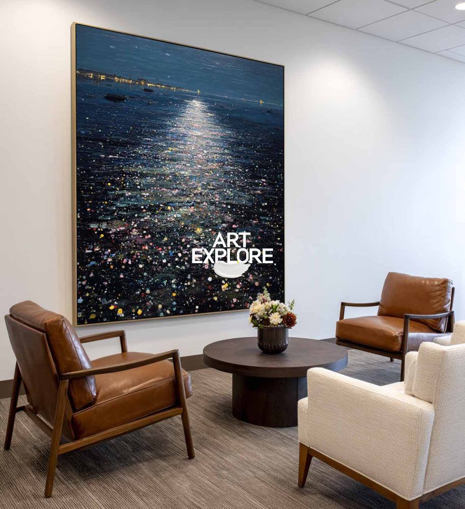 Abstract Moonlit Ocean Painting With Textured Blue Waves For Modern Home Decor