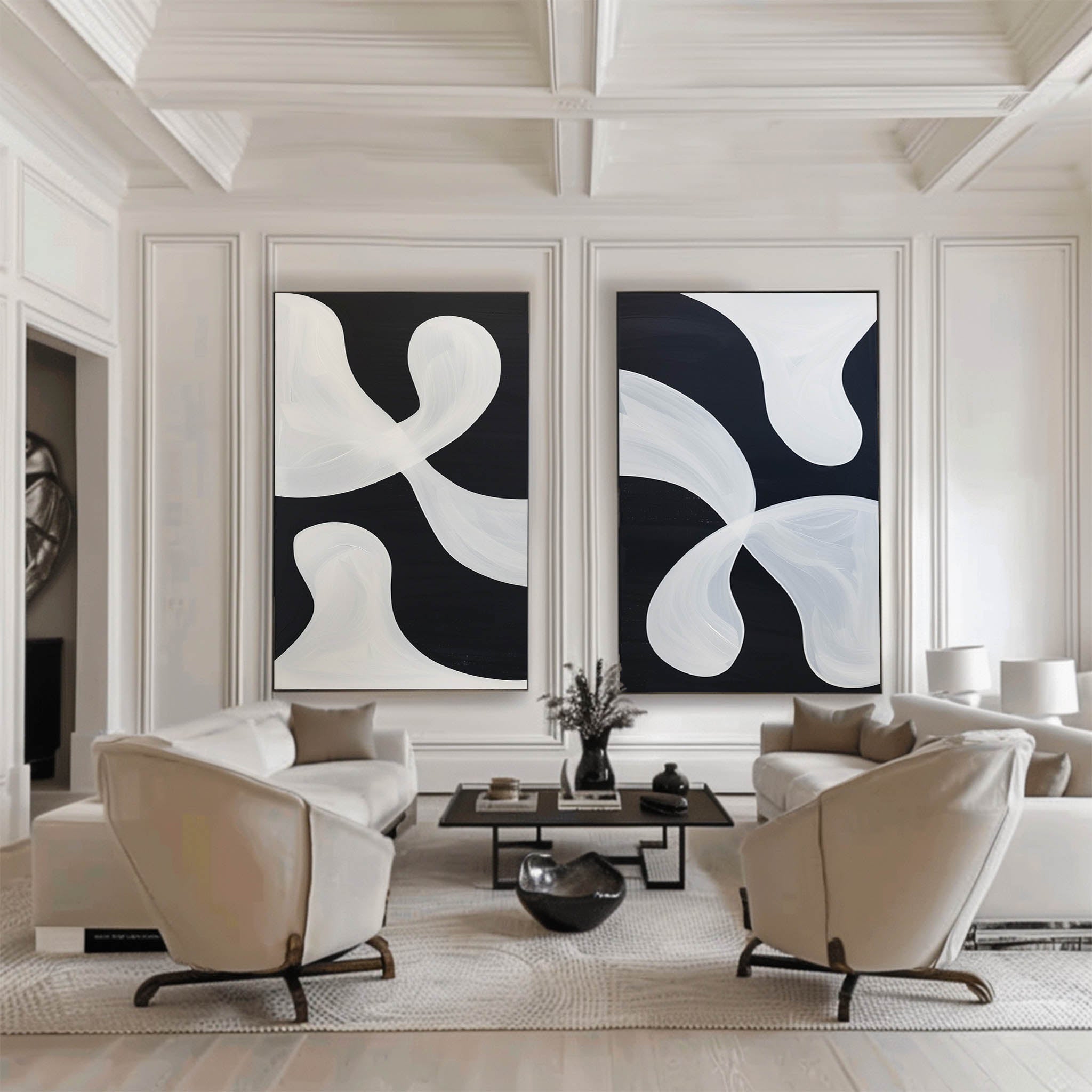 Large Black And White Modern Art Geometric Painting Black And White 2 Piece Wall Art Minimalist Apartment Decor