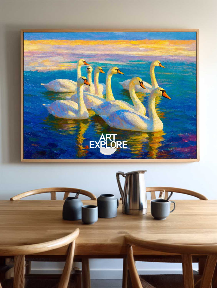 Original Oil Painting Of Swans On Blue Water With Gold Sunset Glow