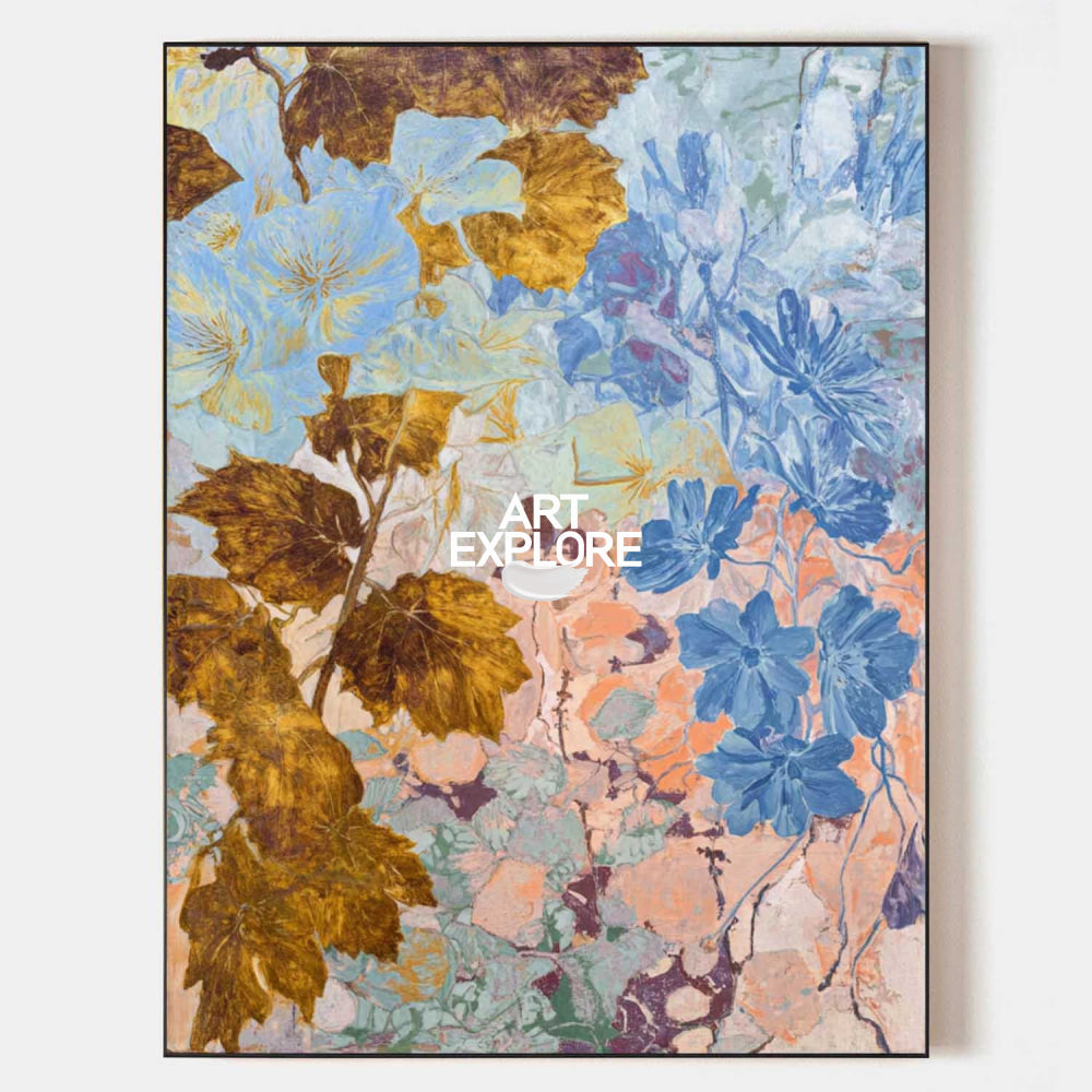 Original Blue And Gold Botanical Abstract Art Painting For Modern Home Decor