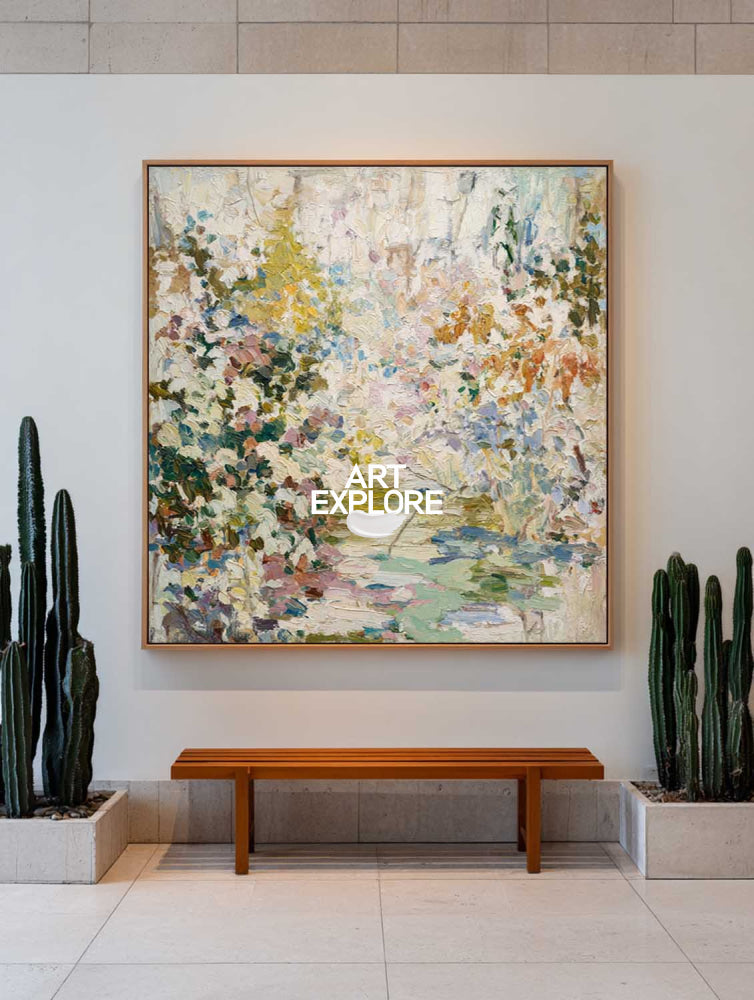 Abstract Botanical Oil Painting With Textured Brushwork For Modern Living Room Decor