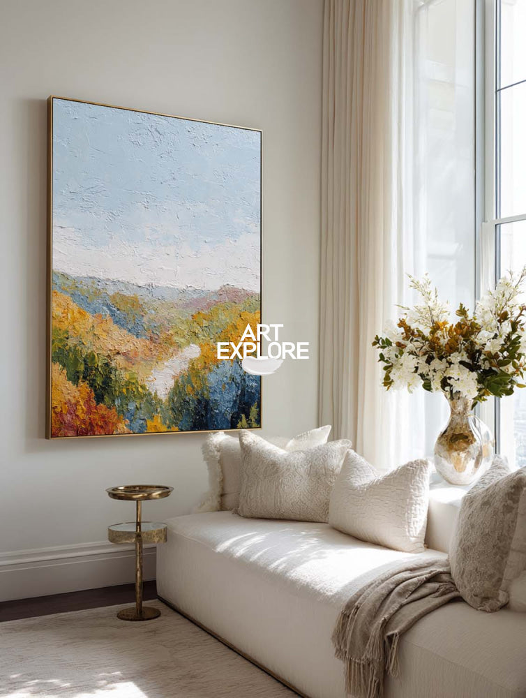 Modern Textured Landscape Canvas Print With Warm Autumn Colors For Office Decor