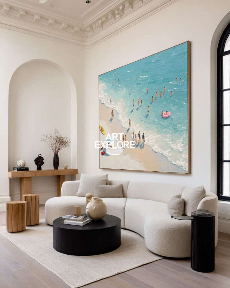 Modern Abstract Beach Painting With Textured Waves For Coastal Living Room Decor