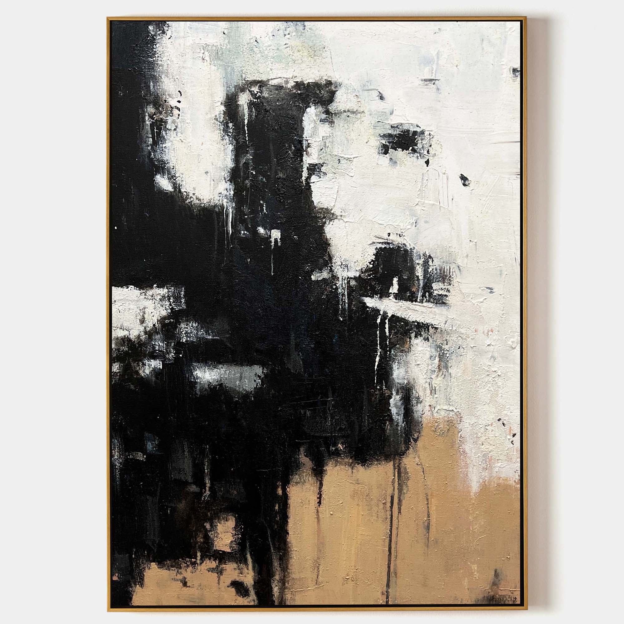 Modern Black Beige Abstract Painting Vintage Canvas Wall Art Black Beige Minimalist Abstract Art