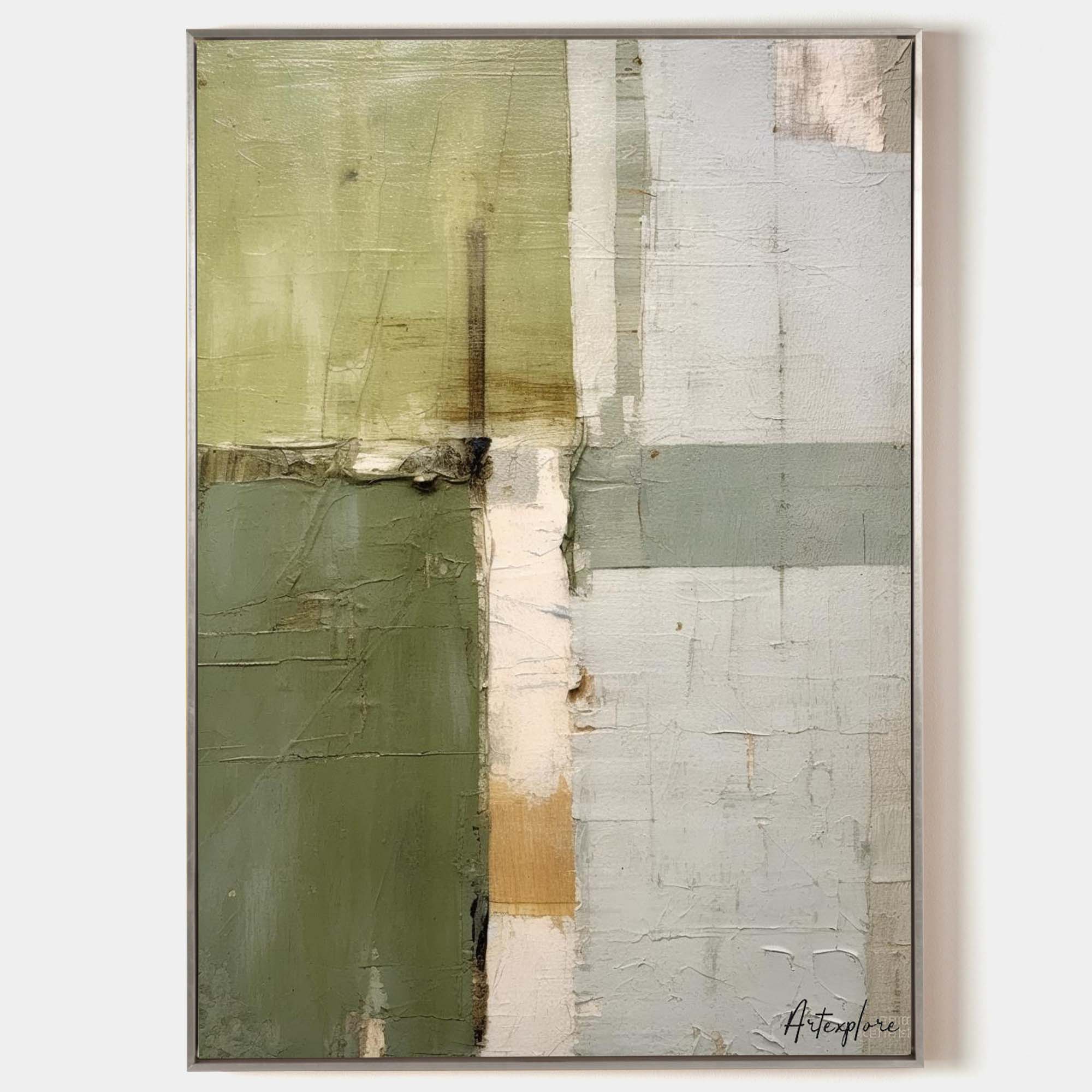 Wabi-sabi Green Abstract Art, Green Minimalist Painting, Luxury Textured Canvas Wall Art