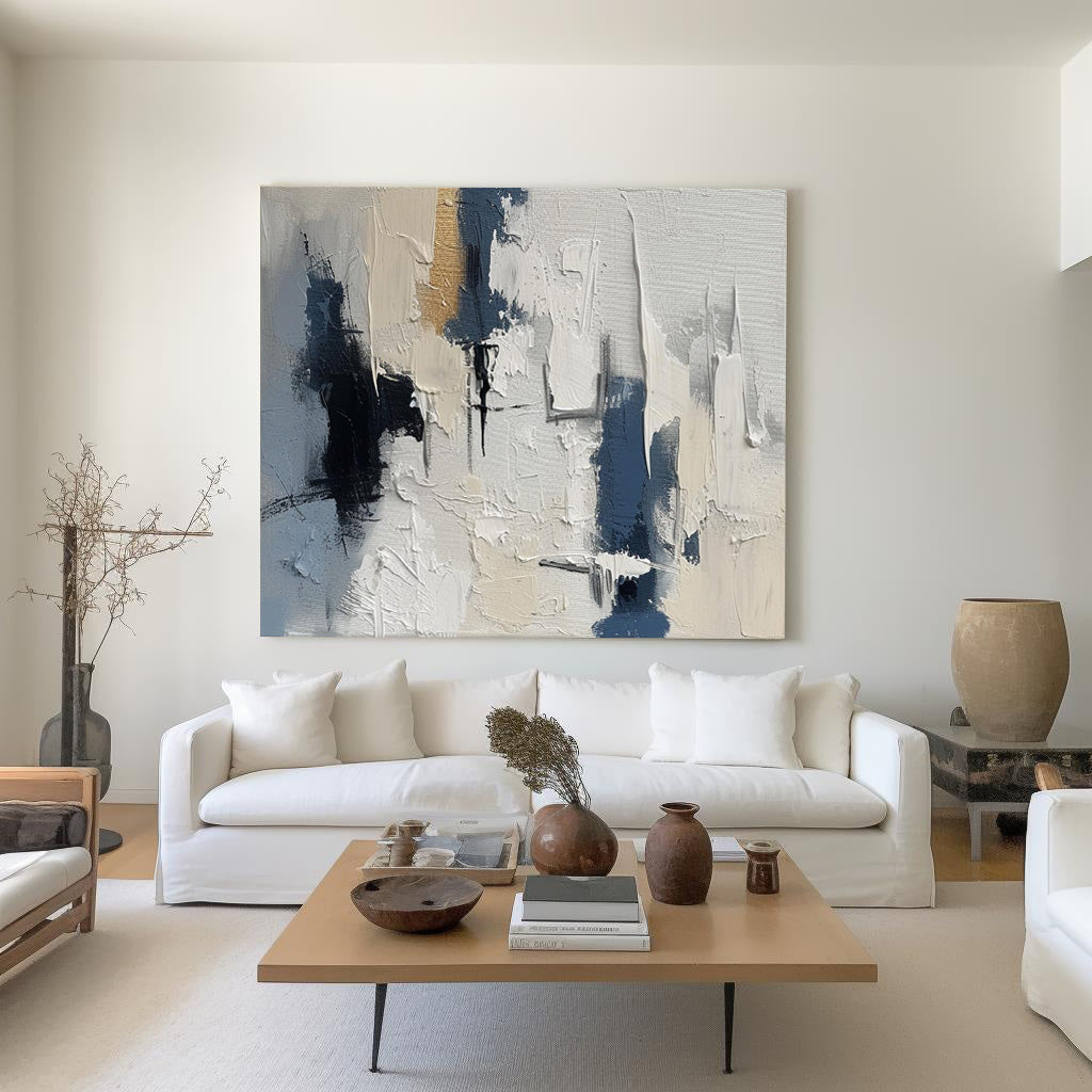Beige And Blue Textured Modern Plaster Wall Art Large White Blue Minimalist Canvas Abstract Painting For Sale