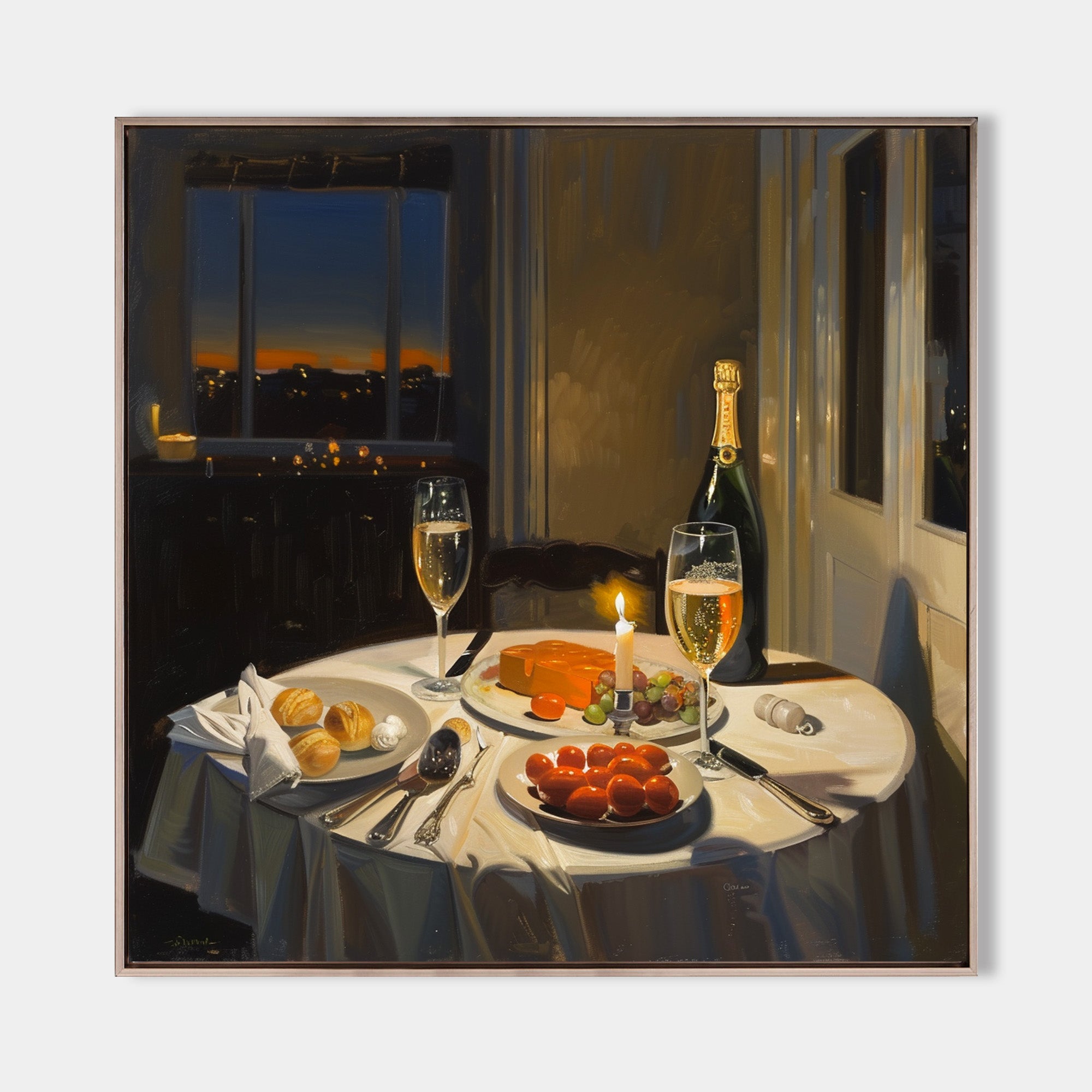 Large American Realism Wall Paintings Large Framed Canvas Art Romantic Candlelight Dinner in New York