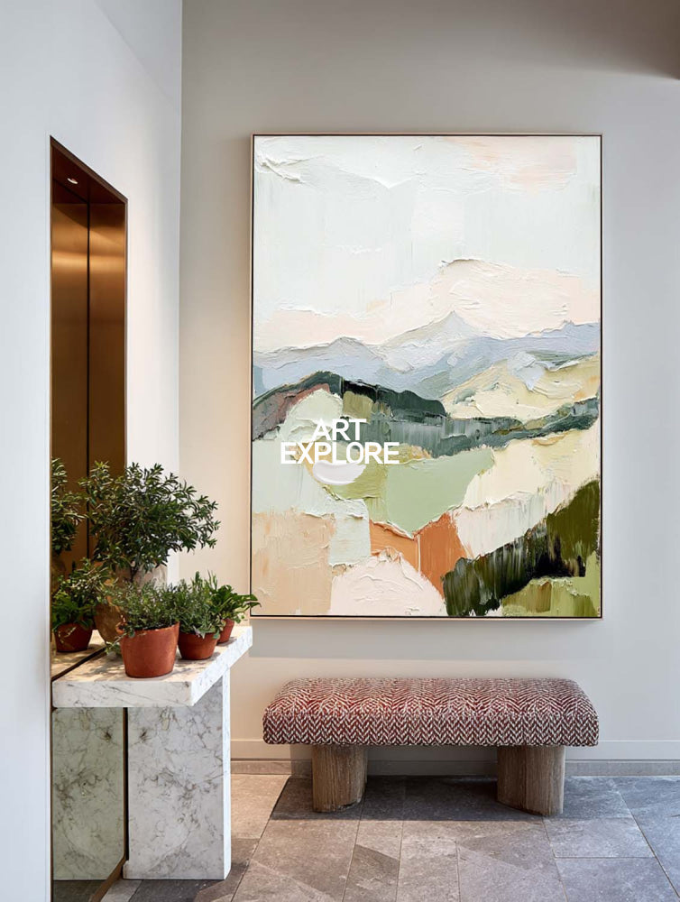 Modern Abstract Landscape Painting With Textured Hills For Living Room Decor
