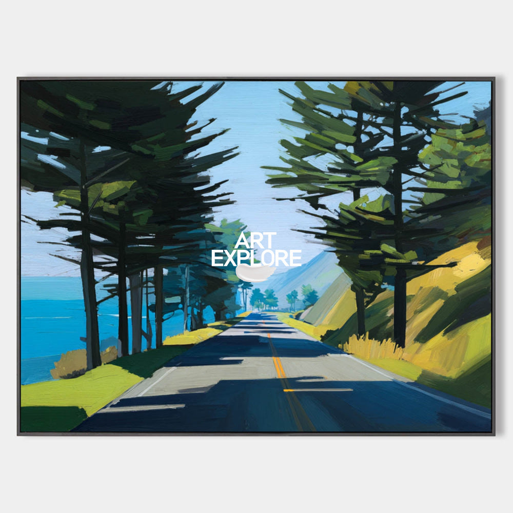 Abstract Coastal Highway Landscape Painting With Blue Green Tones For Modern Home Decor