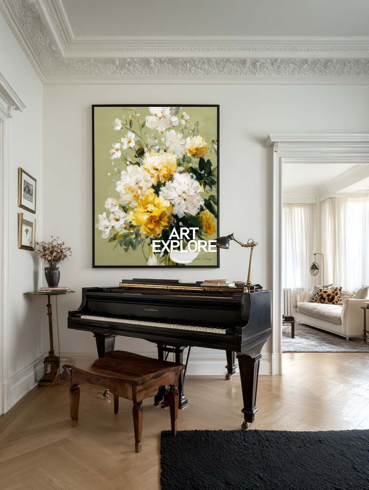 Contemporary Floral Oil Painting White Yellow Flowers Modern Wall Art For Living Room