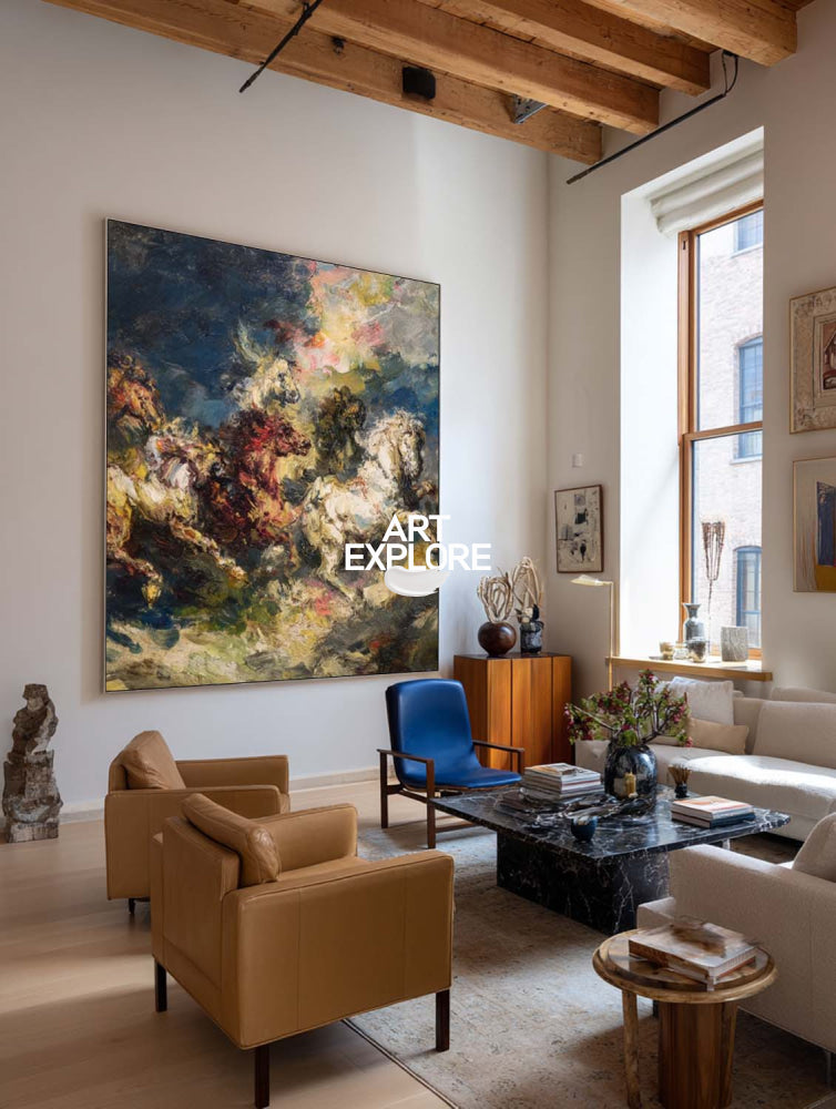 Dramatic Square Canvas Art With Galloping Horses For Entryway And Lounge Spaces