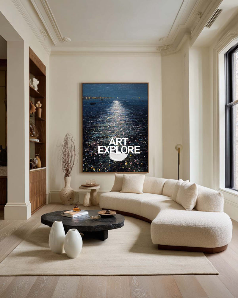Abstract Moonlit Ocean Painting With Textured Blue Waves For Modern Home Decor