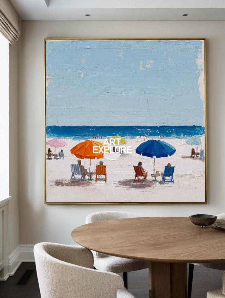 Vibrant Abstract Beach Painting With Orange Umbrellas For Modern Coastal Decor