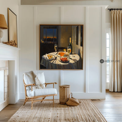 Large American Realism Wall Paintings Large Framed Canvas Art Romantic Candlelight Dinner in New York