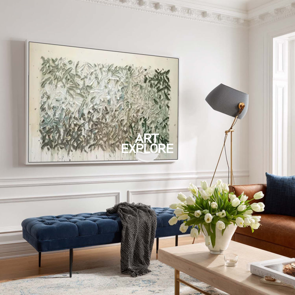 Large Green Abstract Painting With Textured Impasto For Modern Living Room Decor