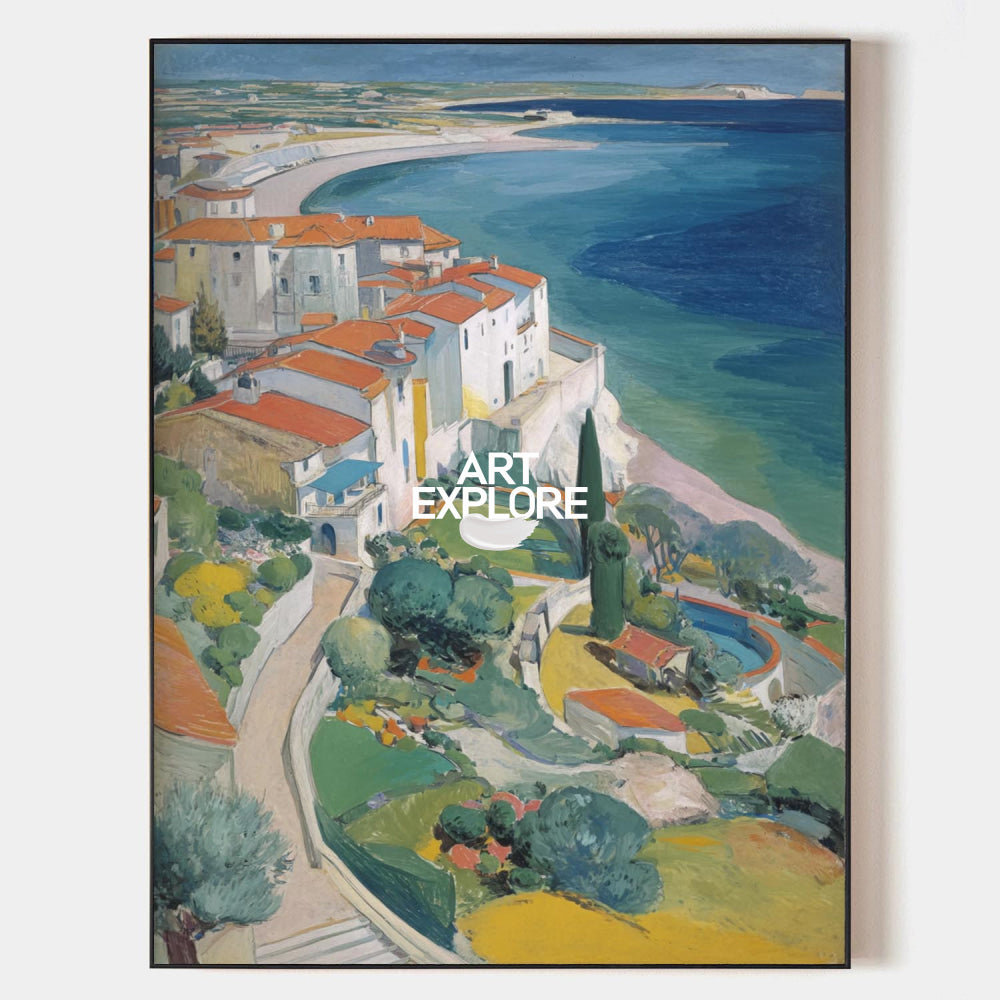 Abstract Coastal Town Seascape Oil Painting On Linen Canvas For Modern Home Decor
