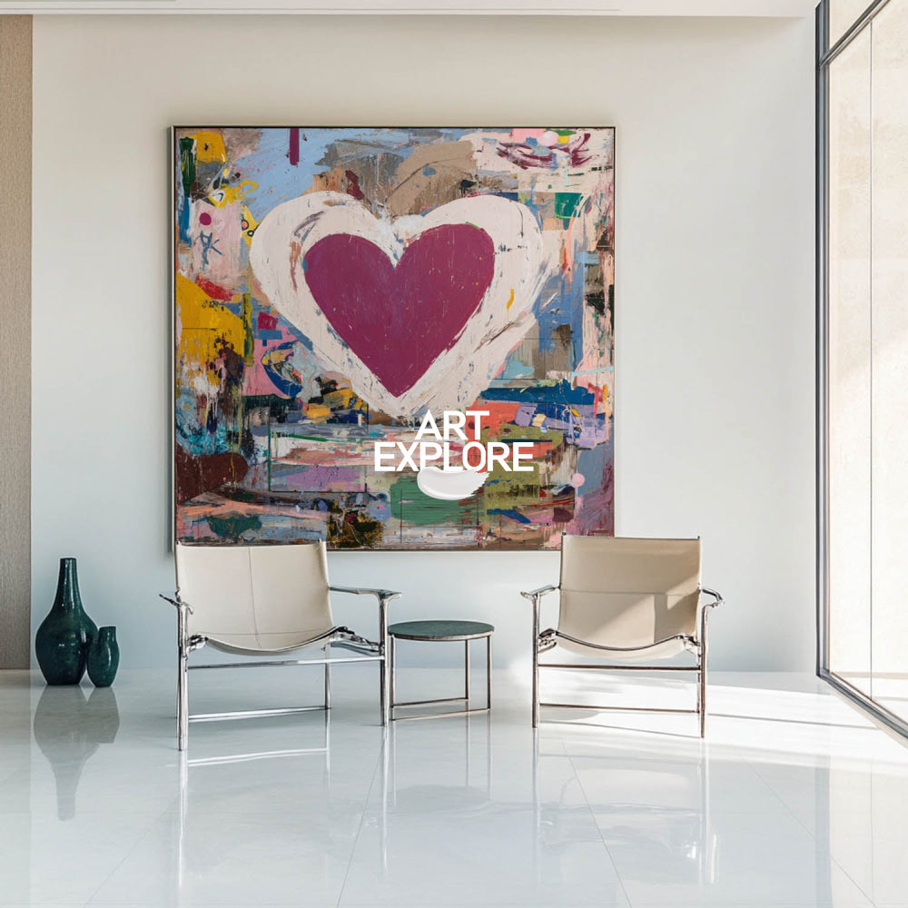 Textured Abstract Square Painting With Bold Heart Motif Contemporary Home Art