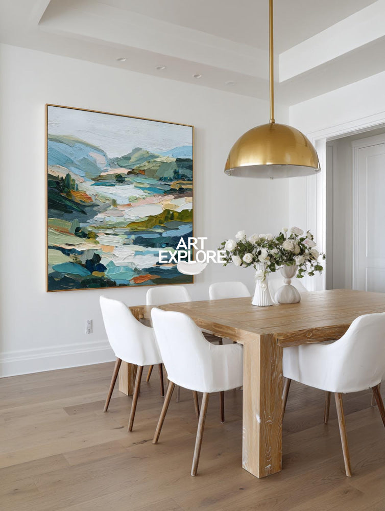 Abstract Green Hill Landscape Painting With Textured Brushstrokes For Modern Home Decor