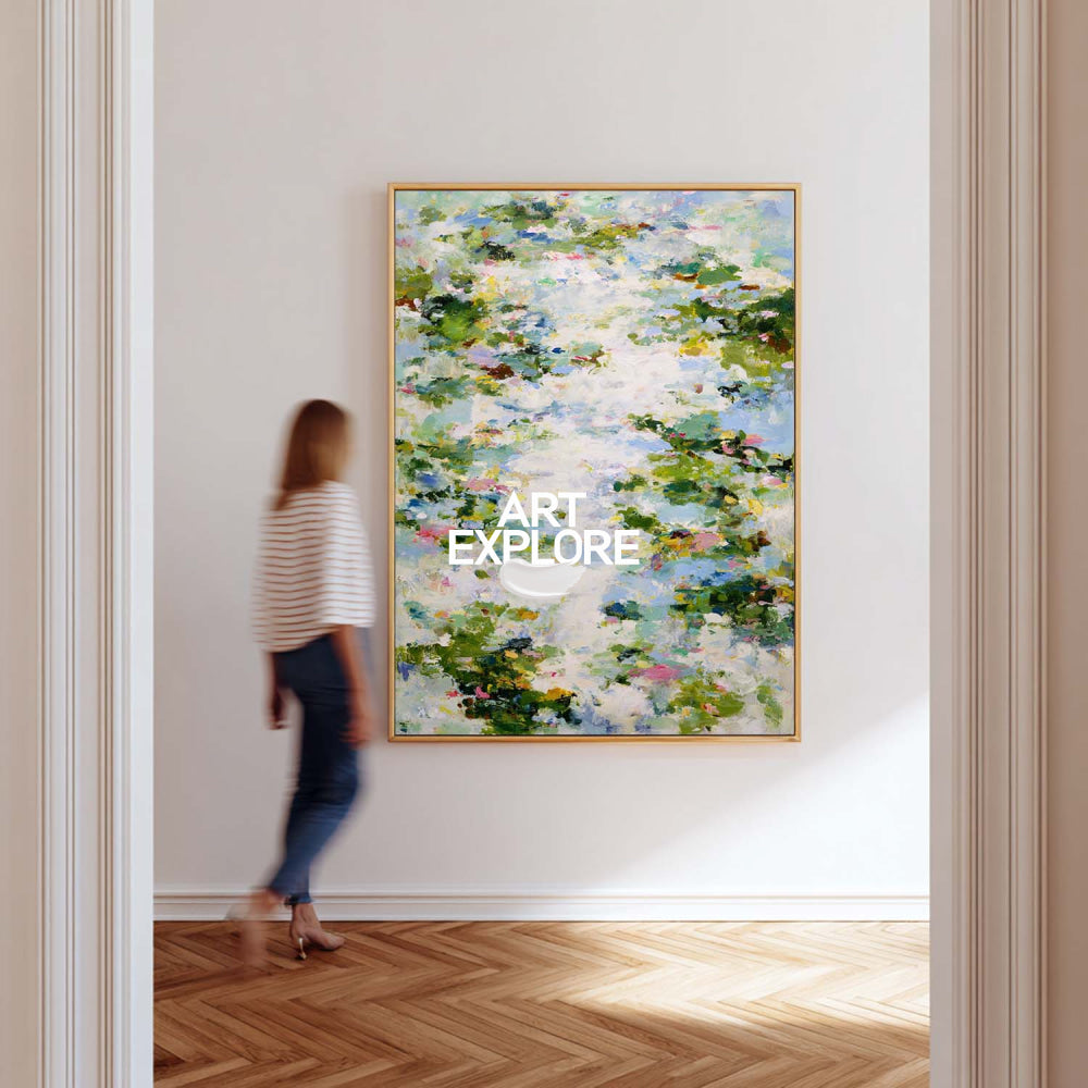 Original Botanical Abstract Art Green And White Floral Canvas For Bedroom
