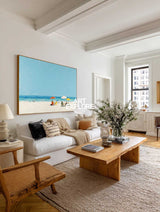 Abstract Beach Seascape Painting With Blue Sky And Umbrellas For Coastal Home Decor