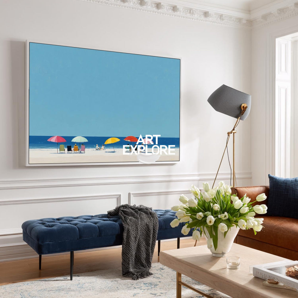 Vibrant Beach Seascape Painting With Colorful Umbrellas For Modern Coastal Home Decor