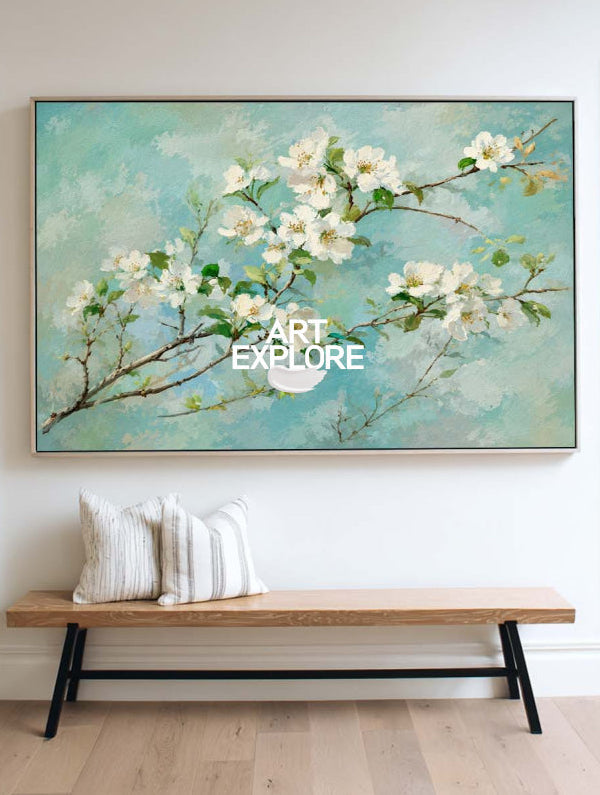 Abstract Impressionist Oil Painting Of Spring Flowers In Green And Blue Tones For Bedroom Wall Art
