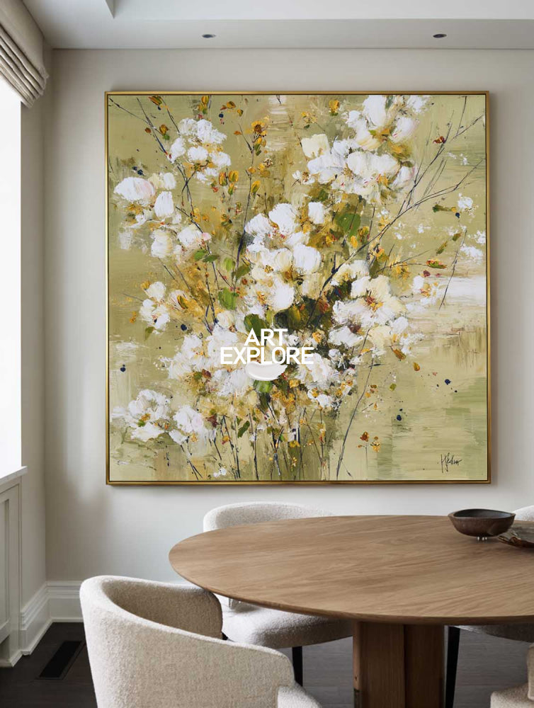 Modern Abstract Floral Painting With Gold Accents For Living Room Decor