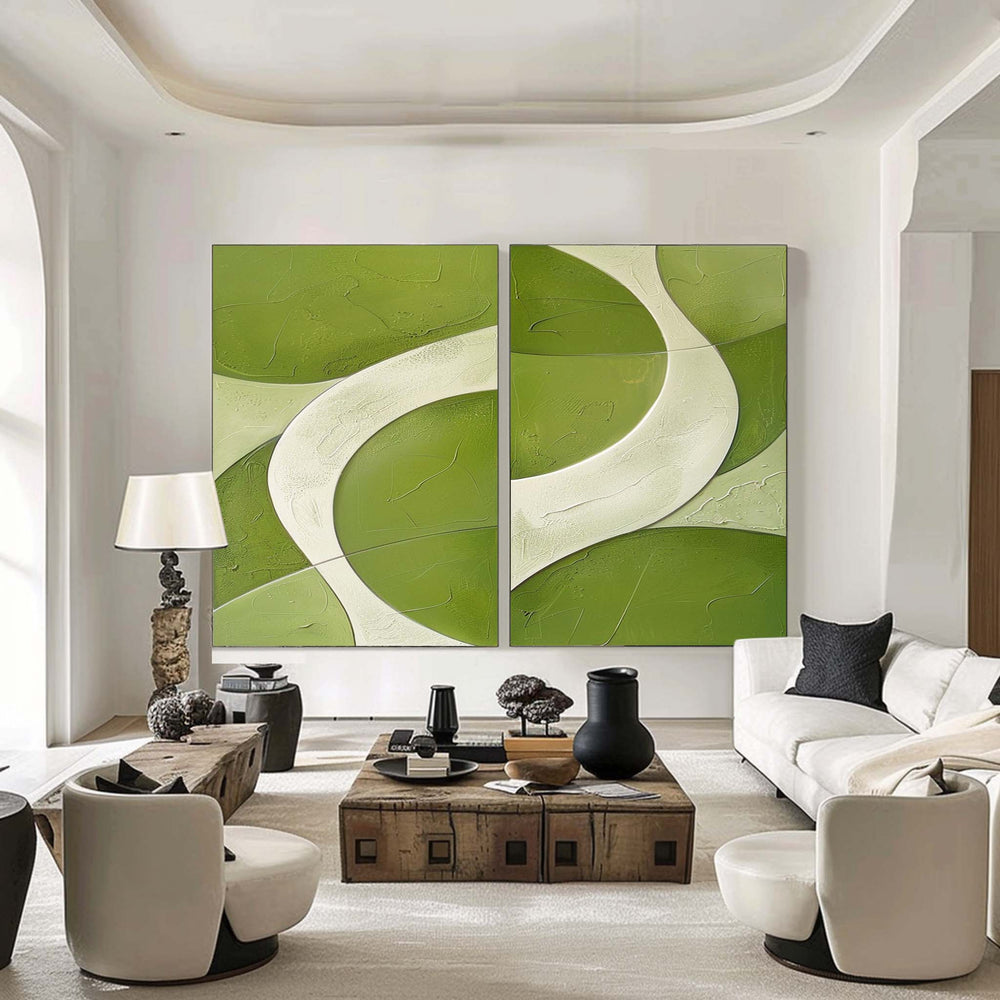 White And Green Diptych Painting 2 piece Minimalist Art Abstract Canvas Wall Art For Living Room