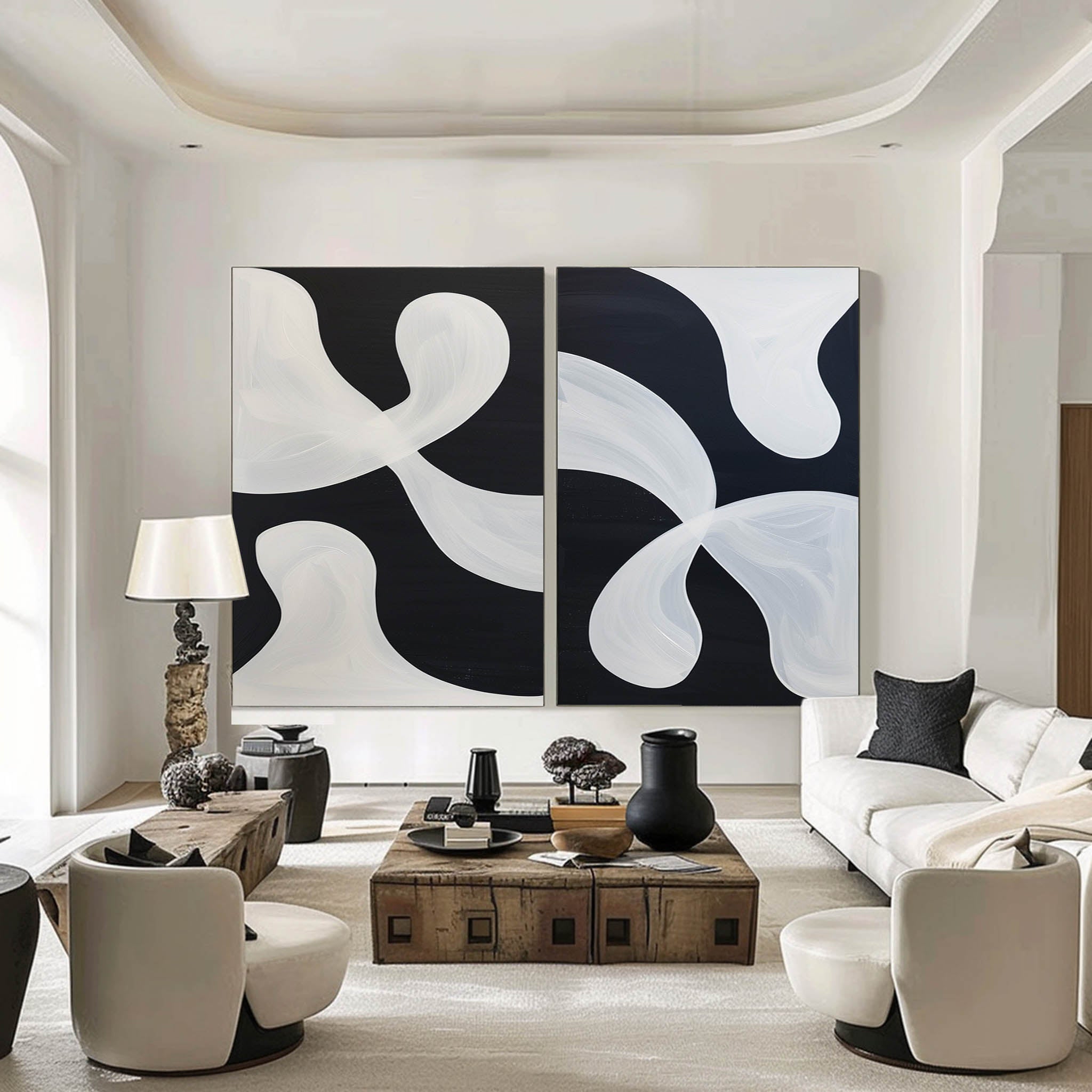Large Black And White Modern Art Geometric Painting Black And White 2 Piece Wall Art Minimalist Apartment Decor