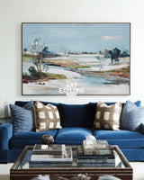 Original Oil Painting Of Frozen Shoreline In Blue Green Brown Tones Ideal For Calm And Sophisticated Interior Design