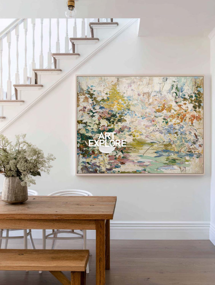 Abstract Botanical Garden Painting With Textured Impasto For Modern Home Decor