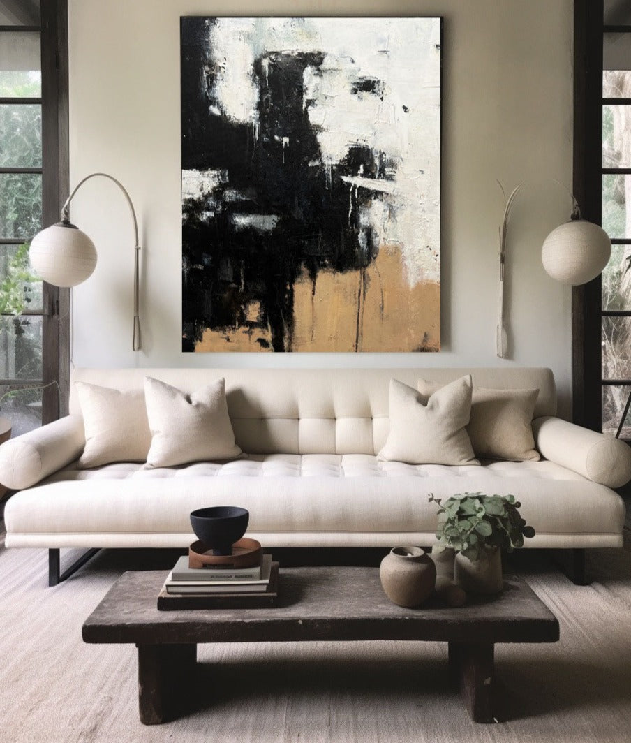 Modern Black Beige Abstract Painting Vintage Canvas Wall Art Black Beige Minimalist Abstract Art