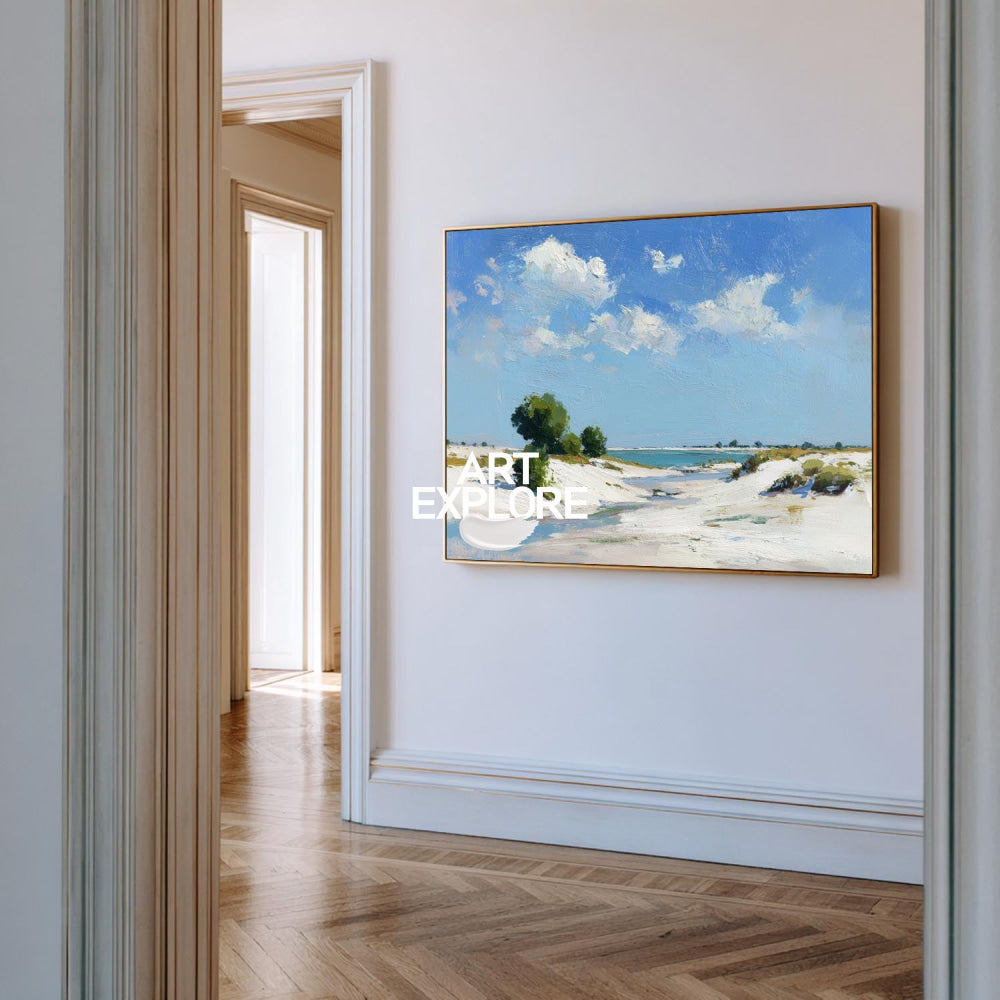 Original Azure Sky And Sand Dune Oil Art With Green Accents For Home Wall Decor