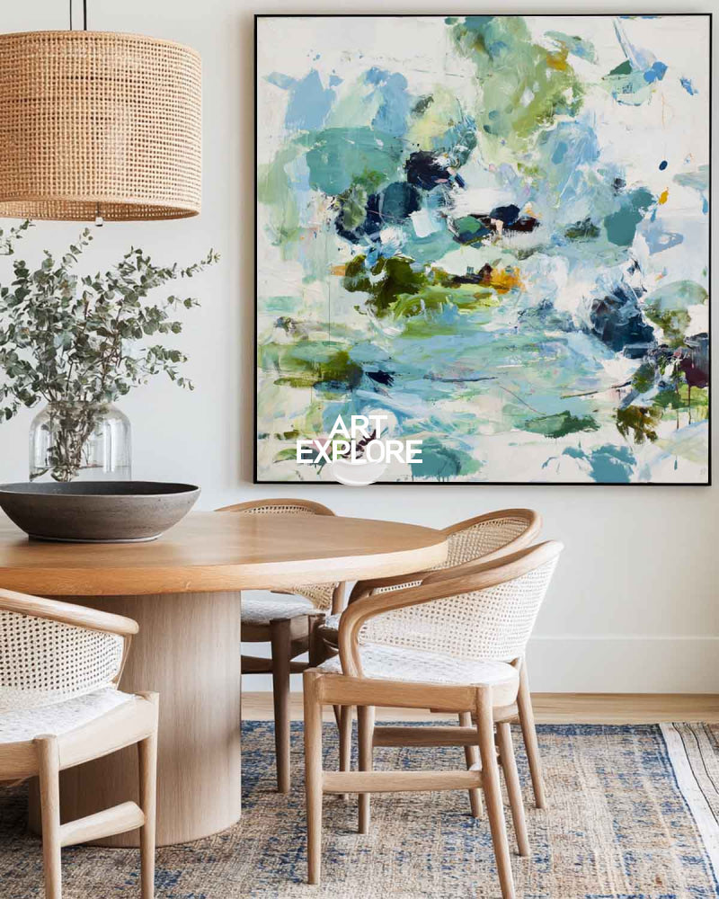 Vibrant Abstract Pond Painting With Green And Blue Hues For Modern Home Decor