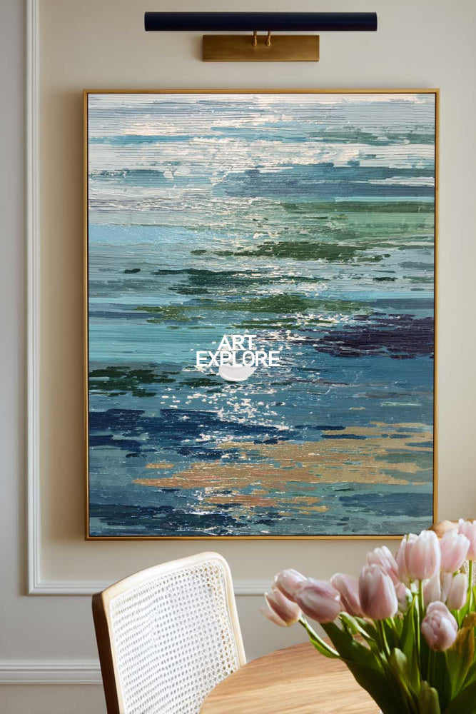 Abstract Seascape Painting With Blue Green Waves And Gold Accents For Modern Living Room Decor