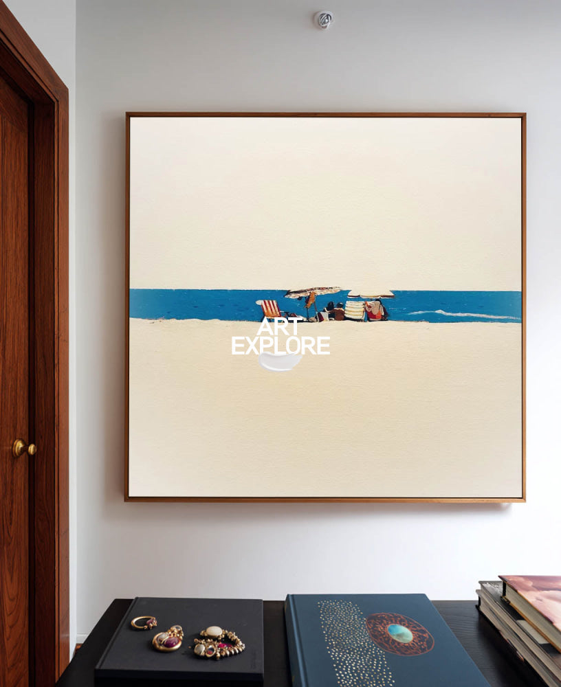 Original Minimalist Beach Painting With Blue Sea And Sand For Modern Coastal Home Decor Art