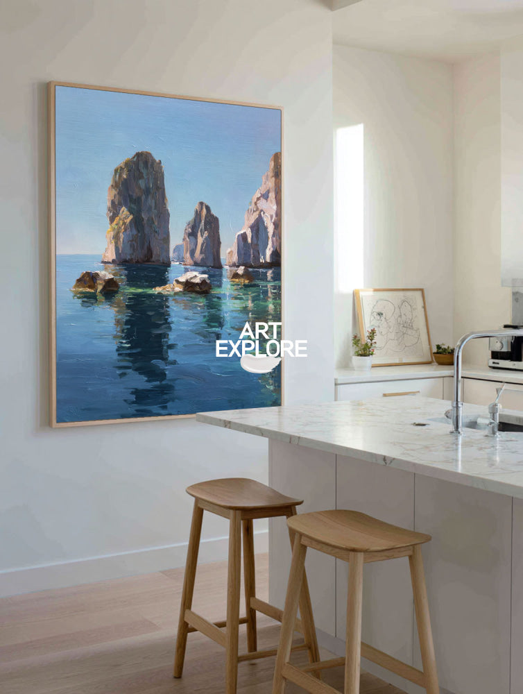 Abstract Seascape Art With Textured Rocks And Calm Blue Water For Office Decor