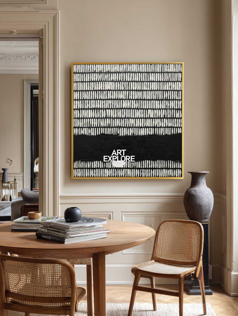 Minimalist Black And White Abstract Square Painting With Geometric Lines For Modern Home Decor