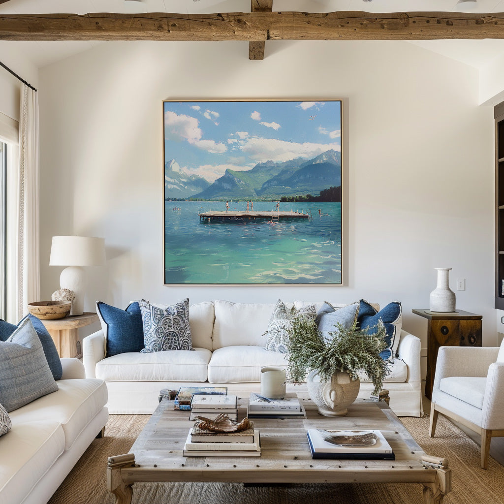 Modern Blue Lake Painting Canvas Art of Swimmers in the Blue Lake Original Hand Painted Acrylic Painting Art