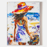 Original Abstract Woman In White Dress Oil Painting, Minimalist Colourful Apartment Decor, Beautiful Girl With A Hat