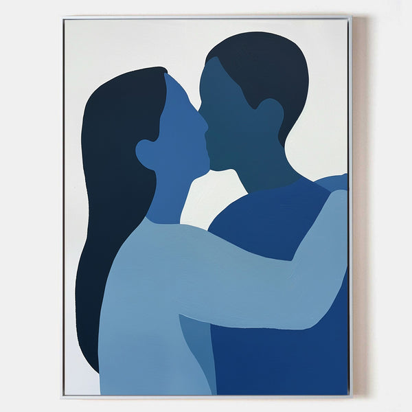 Modern Kissing Lovers Canvas Wall Art Blue Canvas Art Large Minimalist Portrait Painting For Sale