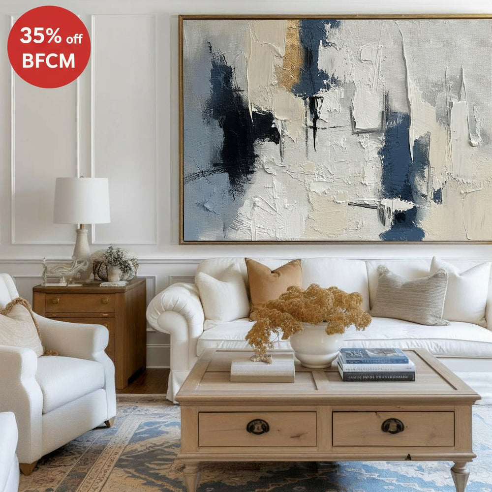 Beige And Blue Textured Modern Plaster  Wall Art Large White Blue Minimalist Canvas Abstract Painting For Sale