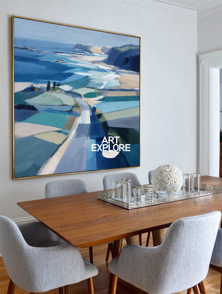 Abstract Blue Coastal Art Painting For Modern Living Room Decor With Ocean View