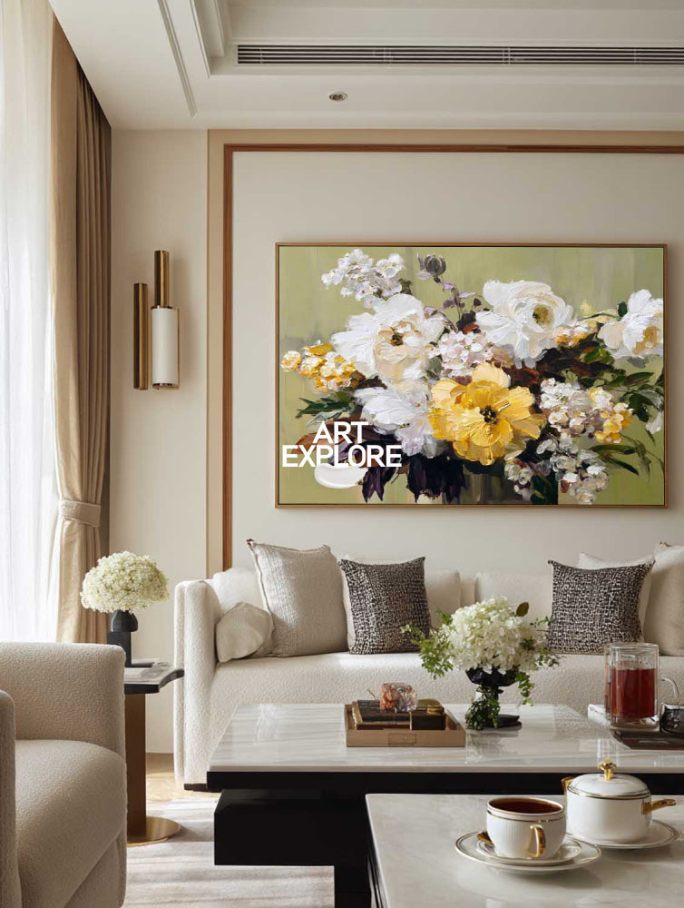 Modern Abstract Floral Oil Painting White Yellow Blossoms Textured Canvas Art For Home