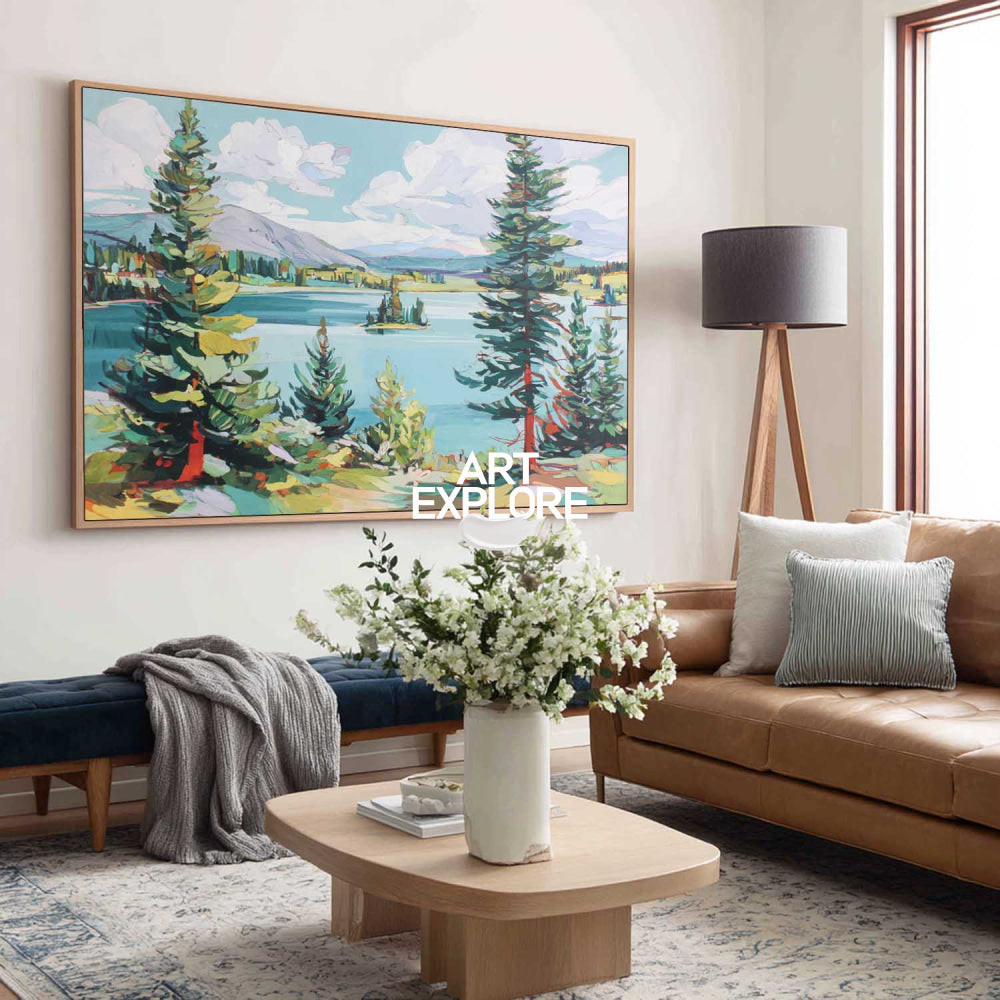 Abstract Green Landscape Painting With Trees And Lake For Modern Living Room Decor